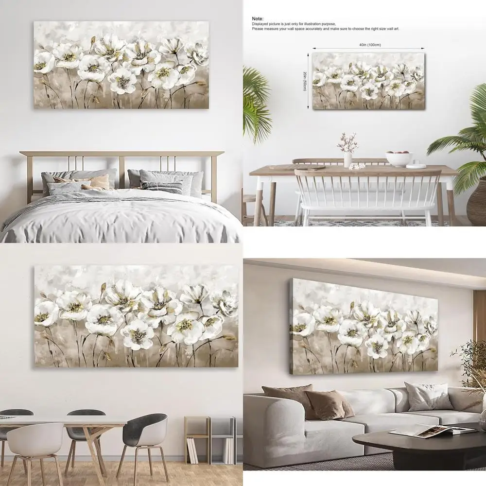 

Modern White Blossom Wall Art - 20 x 40 Framed Floral Canvas for Living Room, Bedroom, Dining & Home Office