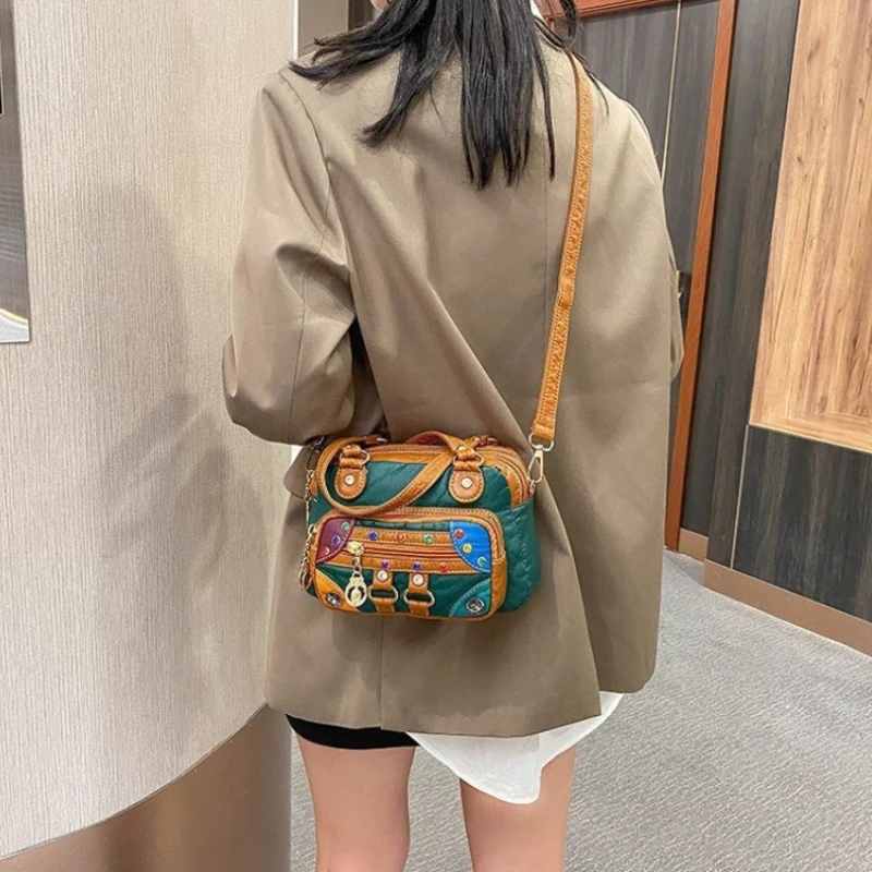 

Retro Bohemian Patchwork Handbag Shoulder Bag with Colorful Gem Accents Vintage Style Crossbody Purse for Casual Top Handle Bags