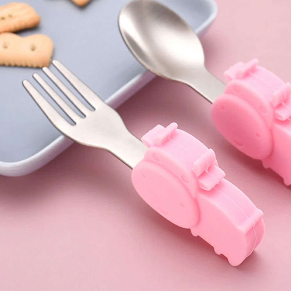 

Children Stainless Steel Fork Spoon Set Pink Infant Weaning Baby Tableware Durable Safe Ergonomic Bright Cartoon Milk