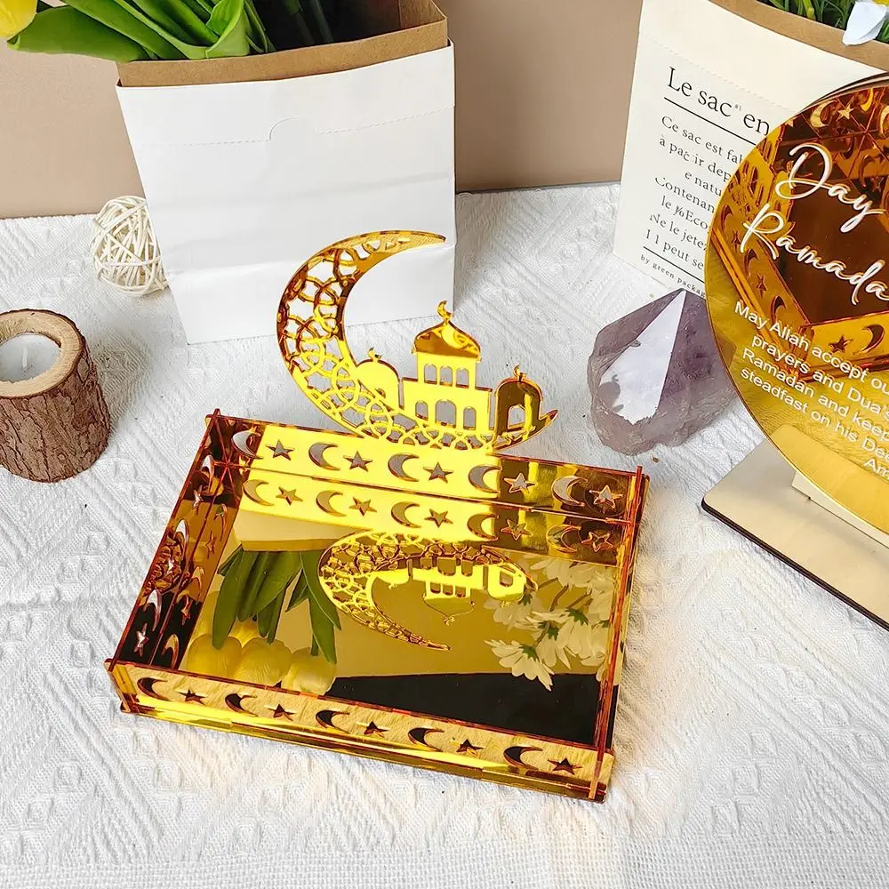 Table Centerpieces Plate Acrylic Eid Mubarak Food Tray Rectangular Mirror Ramadan Tray Gold Crescent Snack Box Candy