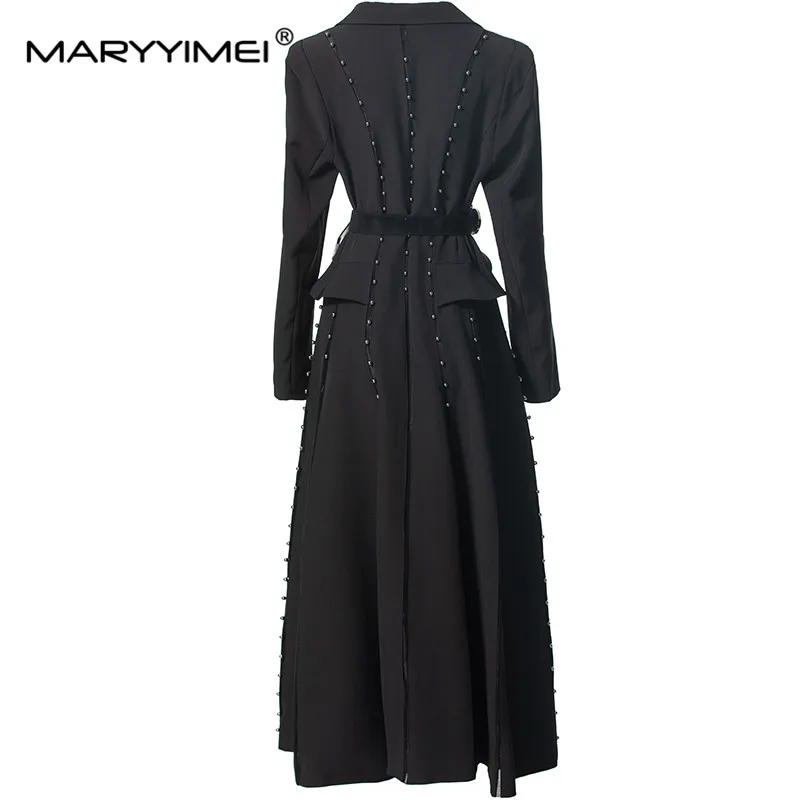 MARYYIMEI Fashion Streetwear Appliques Women's Coat Autumn and Winter Long Sleeved Notched pocket Lace-Up Slim Black Overcoat