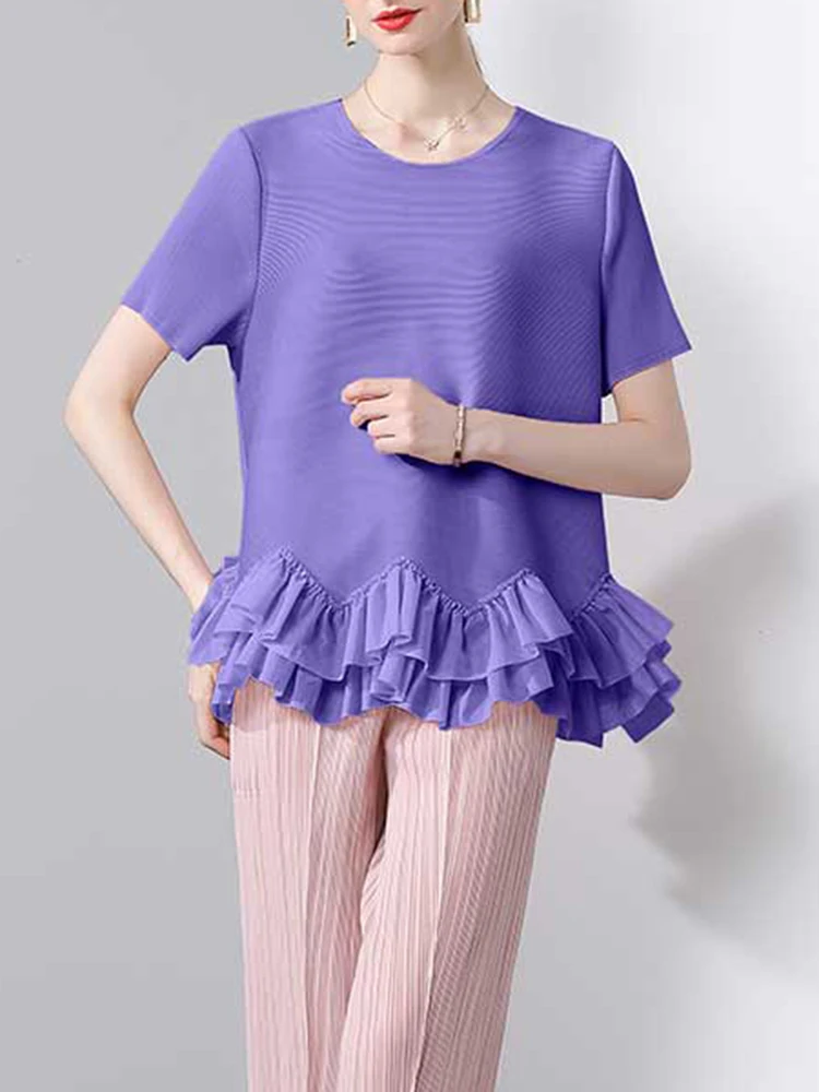 GVUW Pleated Irregular Hem T Shirt Women Short Sleeve Round Collar Versatile Summer Solid Color Casual New 2024 Tops 17G6996