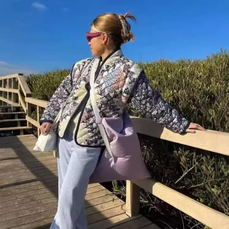 Herfst Winter Nieuwe collectie Korte bedrukte katoenen jas Damesmode Patchwork Loose Fit Fake tweedelige katoenen jas