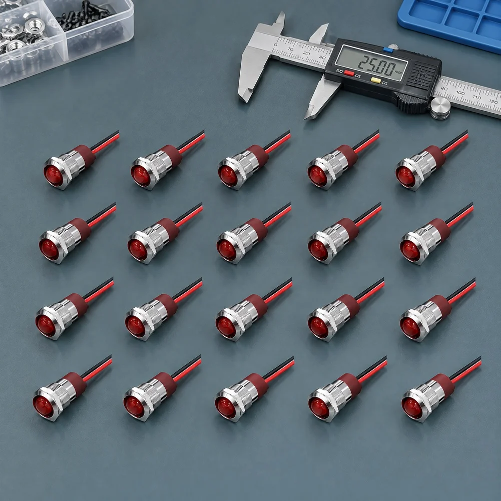 20pcs Waterproof Metal LED Indicator Light 12V 24V Pre-wired Red Signal Lamp 6/8/16/22mm Mounting Hole For Electrical Equipment