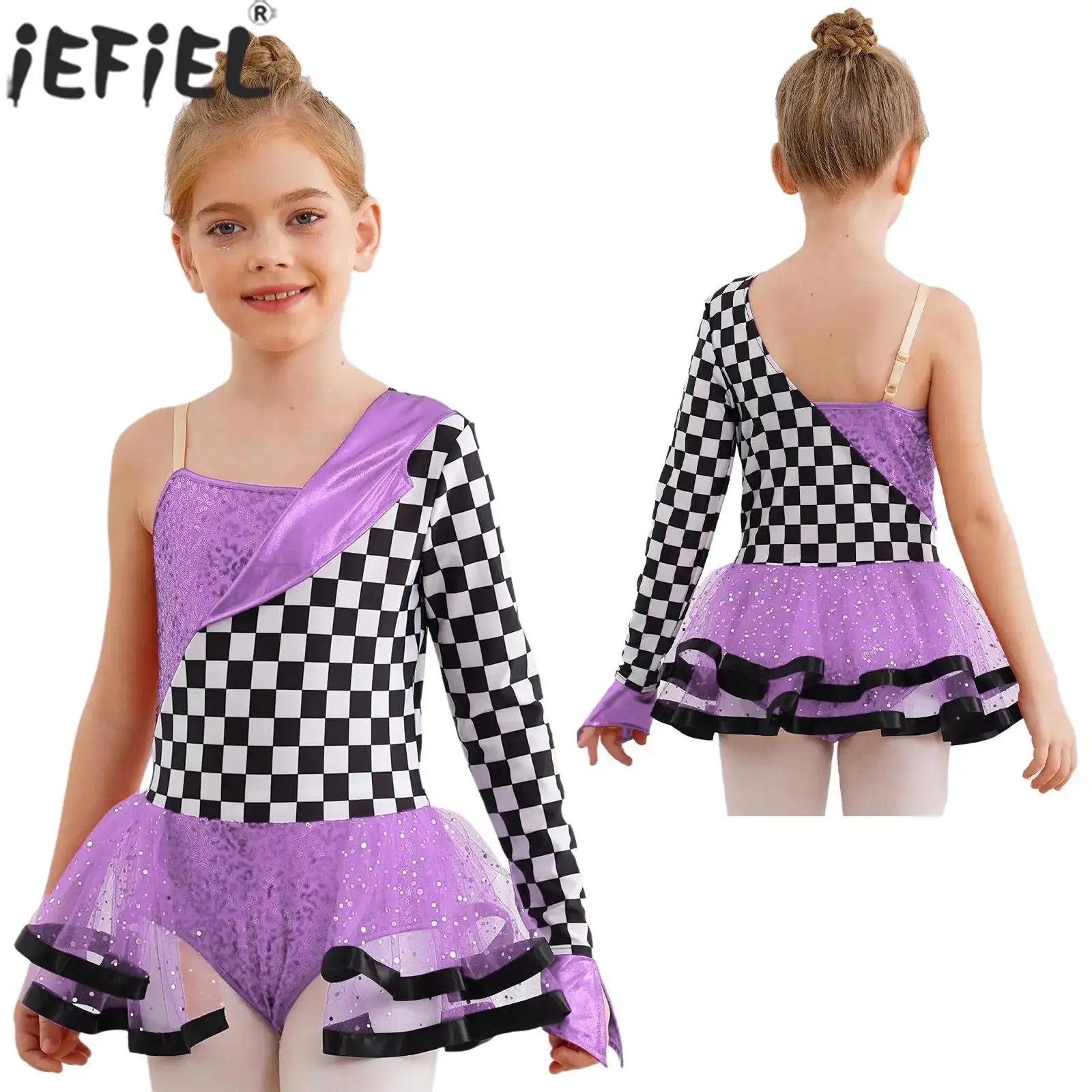 Children Girls One Shoulder Checkerboard Sequins Racer Racing Car Driver Leotard Dance Tutu Dress Halloween Carnival costume