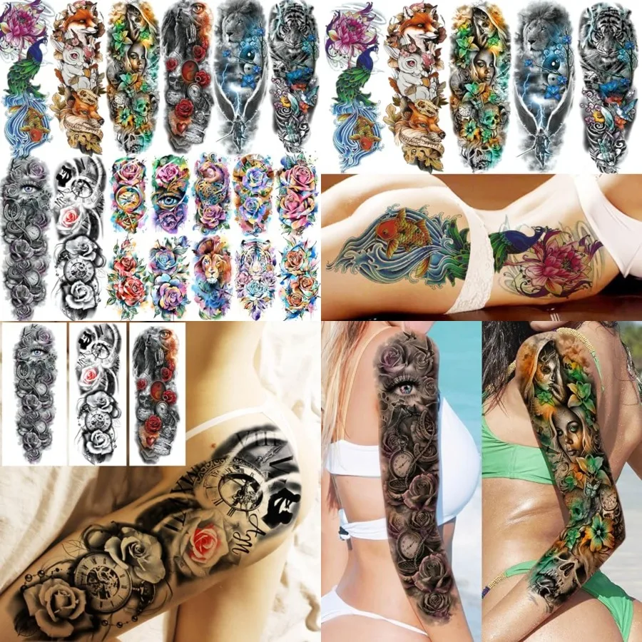 

18 Sheets Large Full Arm Temporary Tattoos For Adults, 8 Sheets Peocock Lion Wolf Tiger Compass Flower Fake Sleeve Tattoos For Women Thigh, 10 Sheets Watercolor Rose Half Arm Tatoos Stickers