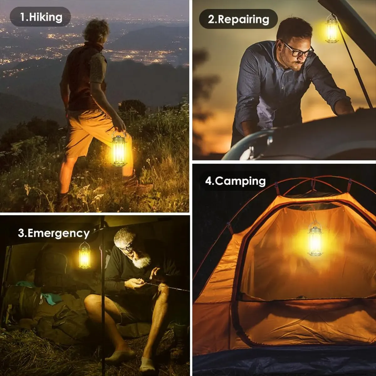 Besttttt USB Rechargeable Camping Light Portable Lantern Flashlight Handheld LED Light 3 Color Light Source Outdoor Waterproof