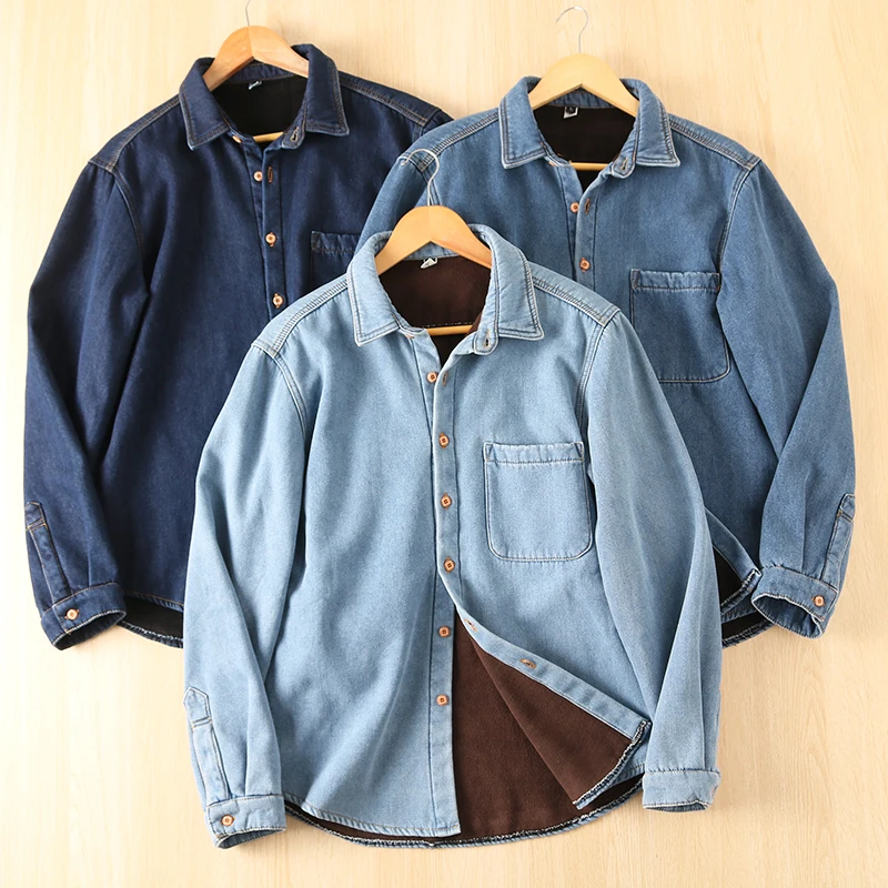 

Fall Men's Original Single Waed Fce Lined Thiened Windproof Warm Casual Denim irt Long Sve Casual irt