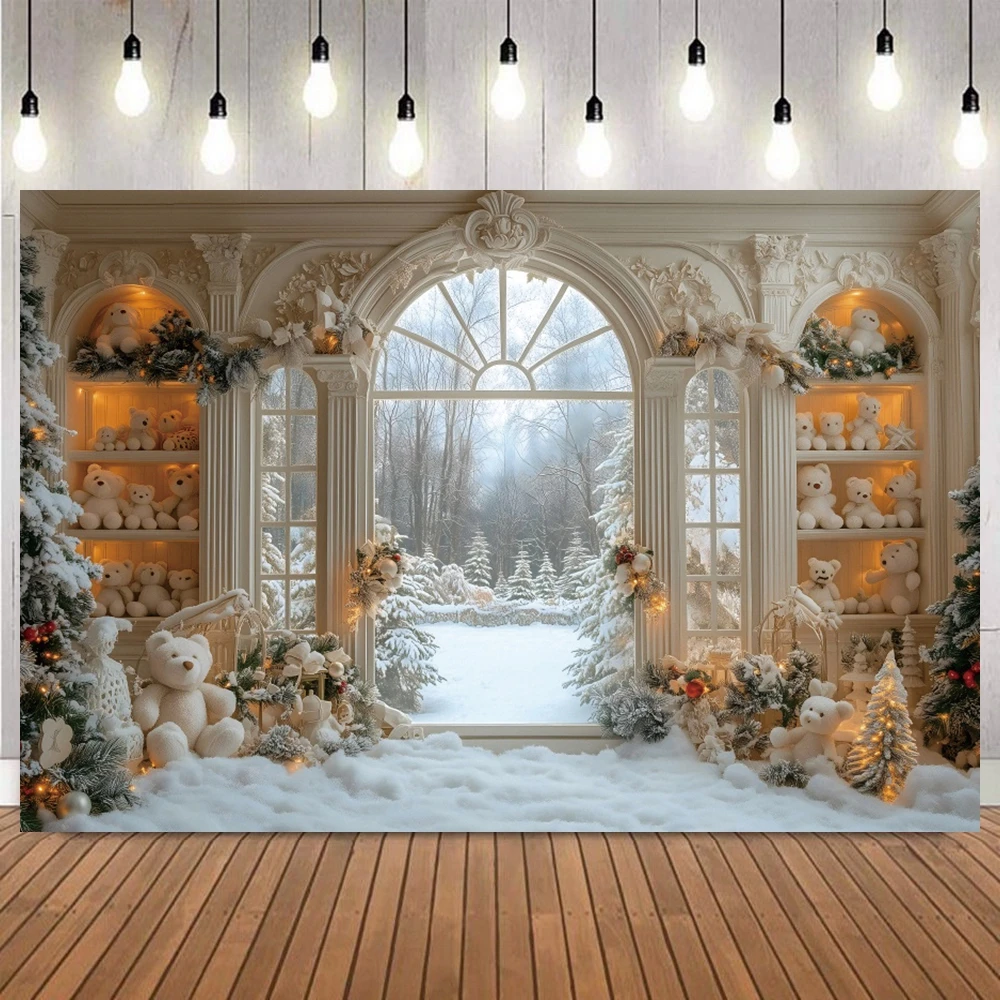 Winter Christmas Photography Background Warm Sunshine Window Snowflake Cute Toy Bears Christmas Tree Gifts  Family Backdrop