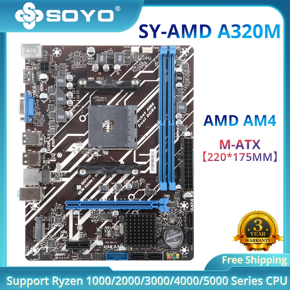 SOYO Full New Dragon A320M.2-VH Gaming Motherboard DDR4 Dual Channel Memory Slots 8th APU AMD Ryzen CPU (AMD A320/AM4 Socket)