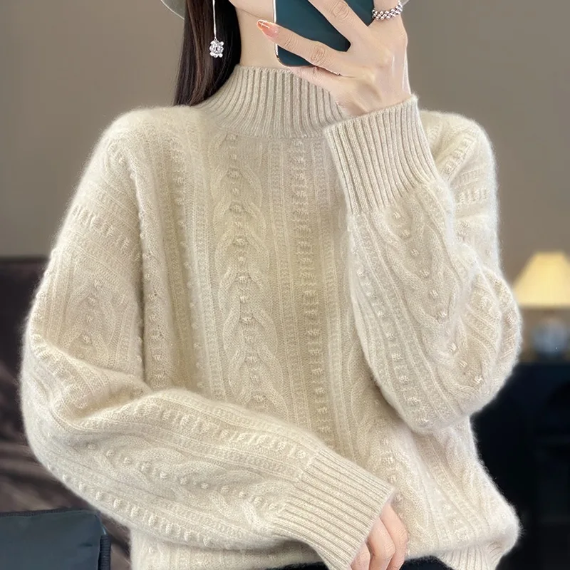 Neuer Herbst-Winter-Pullover mit weicher, hautfreundlicher Textur und halbhohem Kragen für Damen, locker geschnitten, schlank machend, geeignet für den Arbeitsweg.