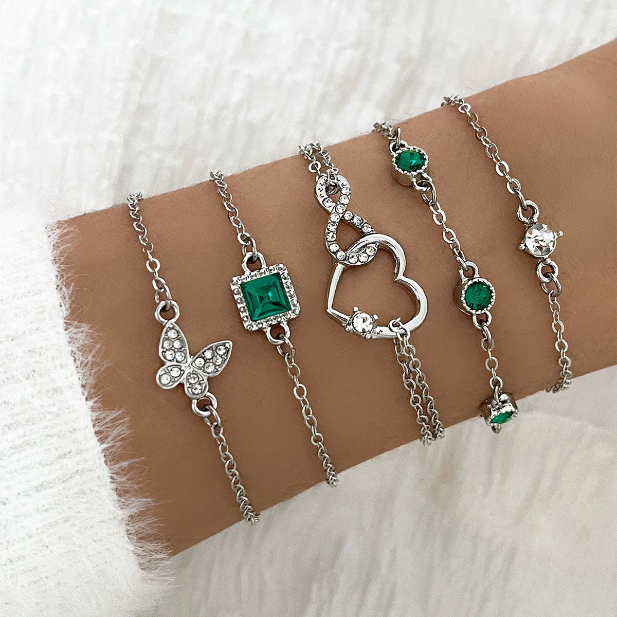5Pcs Fashion Green Crystal Bracelet Set For Women Butterfly Heart Charm Gold Silver Color Chain Bangle Female Trendy Jewelry