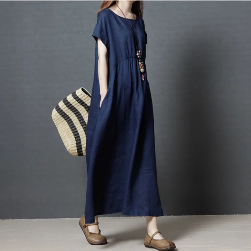 Marineblaues Kurzarm-Maxikleid für Damen, lockeres, lässiges Leinenmisch-Kleid mit Taschen