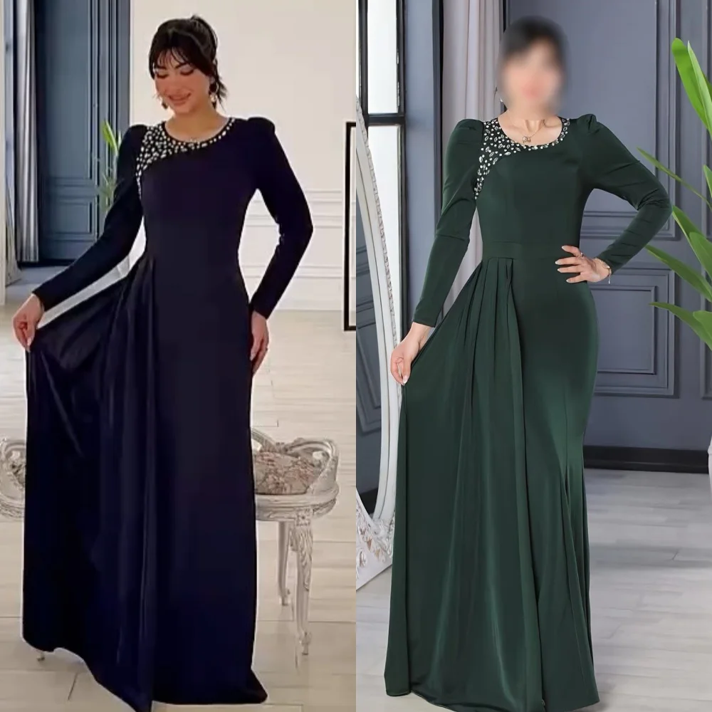 

Customized Classic Retro Simple Jersey Pleat Rhinestone A-line O-Neck Long Dresses Bespoke Occasion Dresses Sizes Available
