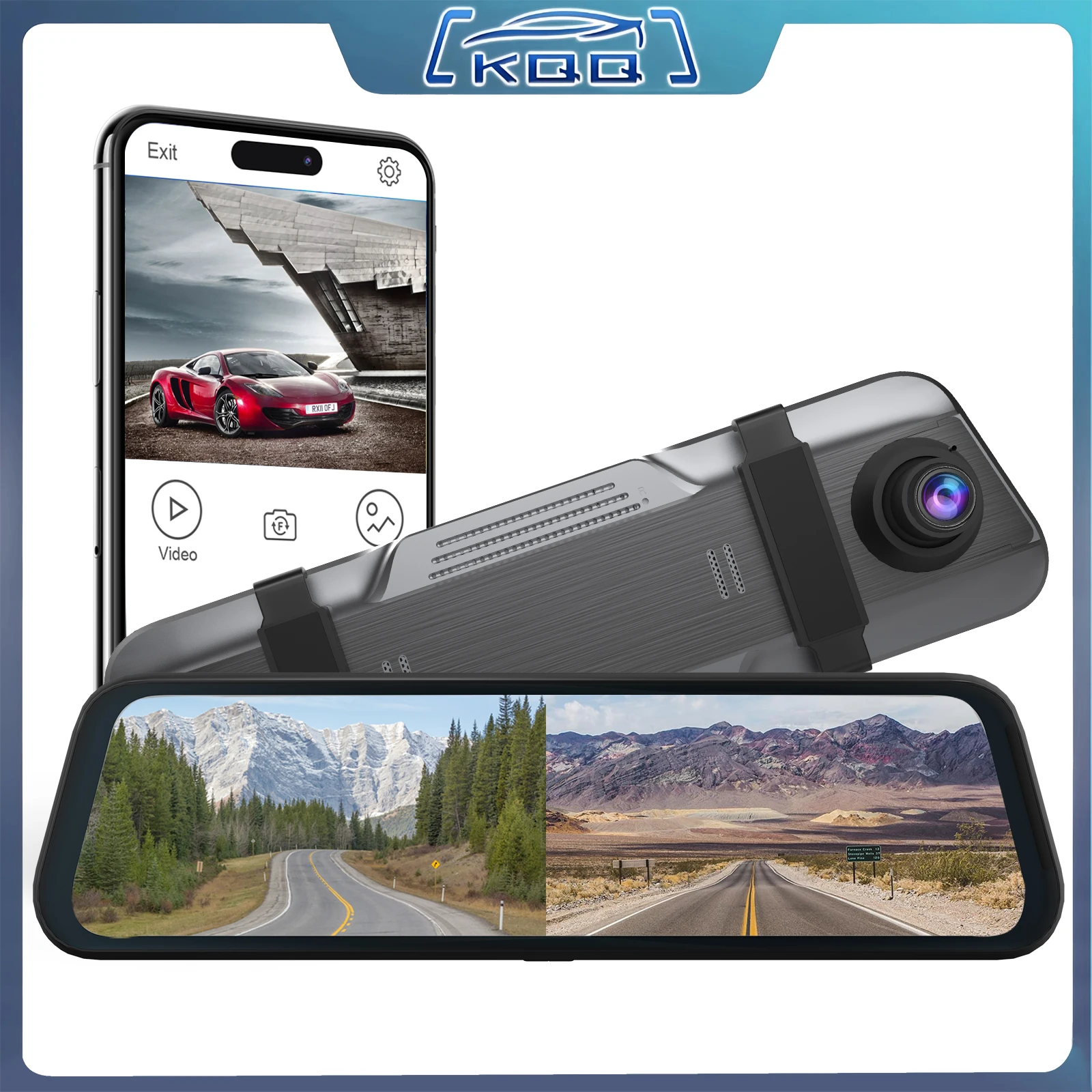 

KQQ 10" 4K Mirror Dash Cam with Loop Recording WiFi Video Bluetooth GPS Navigation Voice Control Wireless Carplay Android Auto