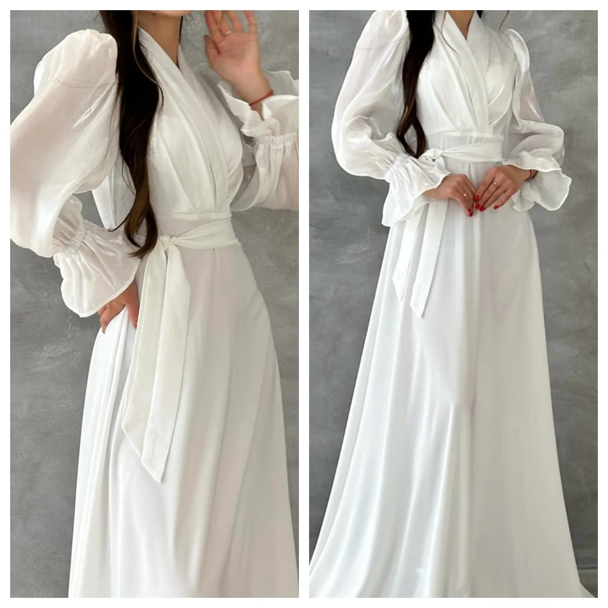 Vestido de noche personalizado, exquisito tul blanco, cuello en V, hombros descubiertos, mangas largas, corte en A, largo hasta el suelo, cinturón, vestidos de fiesta