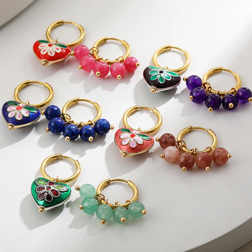 

Exquisite Stainless Steel Handmade Natural Stone Beads Pendant Flower Hoop Earrings Women Boho Heart PVD Huggie Jewelry Bijoux