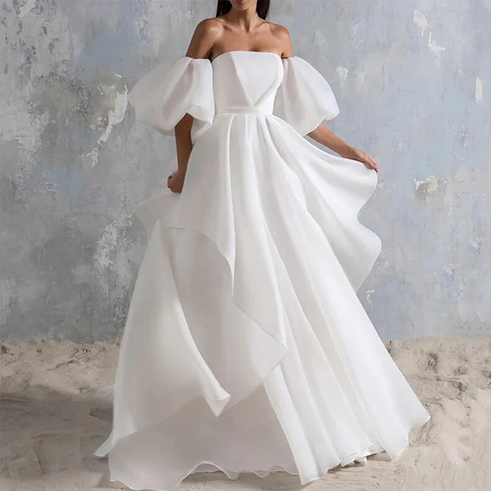 

Simple Off The Shoulder Wedding Dresses Strapless Short Puffy Sleeves A-Line Gowns Chiffon Draped Sweep Train Vestido De Novia