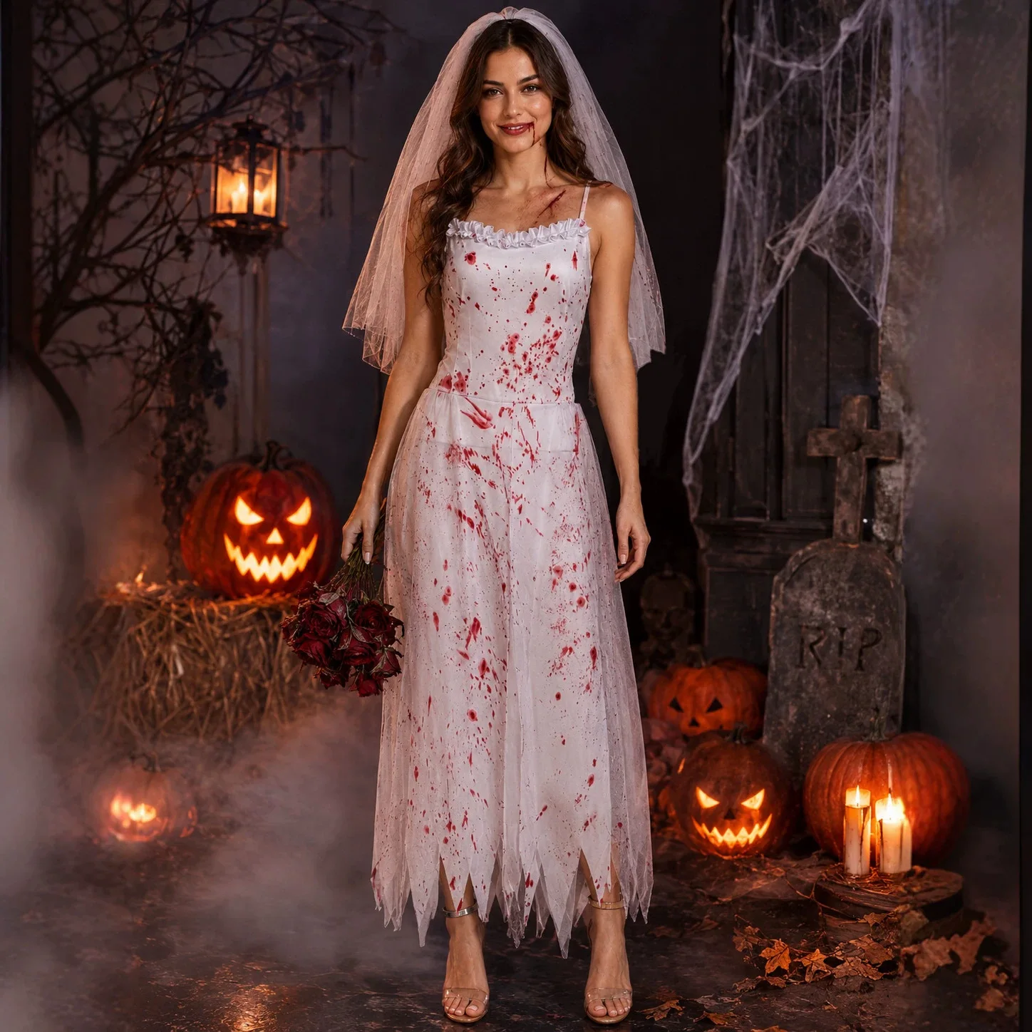 Bloody Mary Ghost Bride Costume Halloween Wedding Dress Veil Set Scary Zombie Cosplay Outfit for Women Carnival Party FancyDress