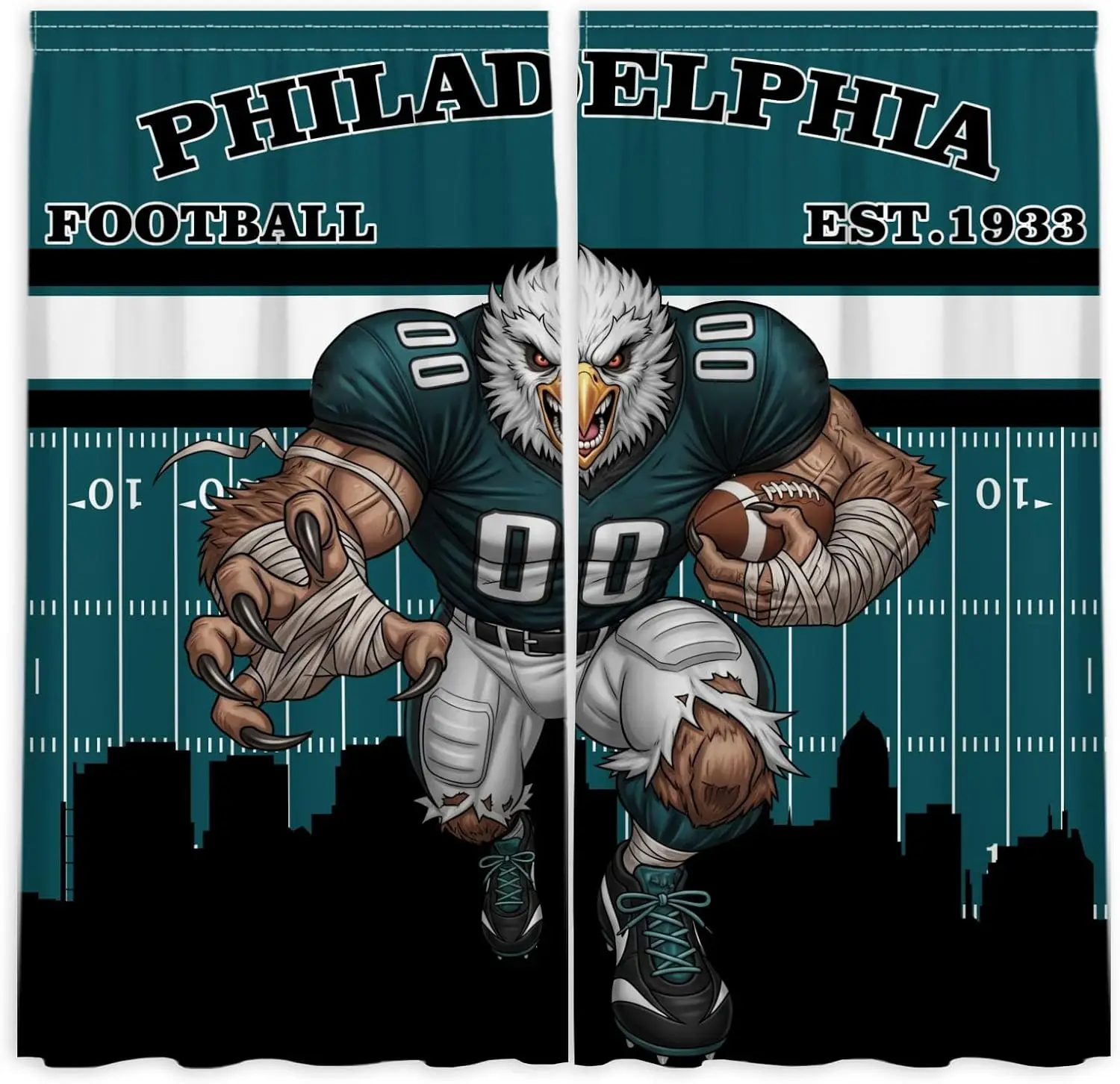 Vibrant Philly Eagle Mascot Theme Curtain 2 Panels Teal Black Stripe Football Field Print Window Curtain Sport Masculine Home