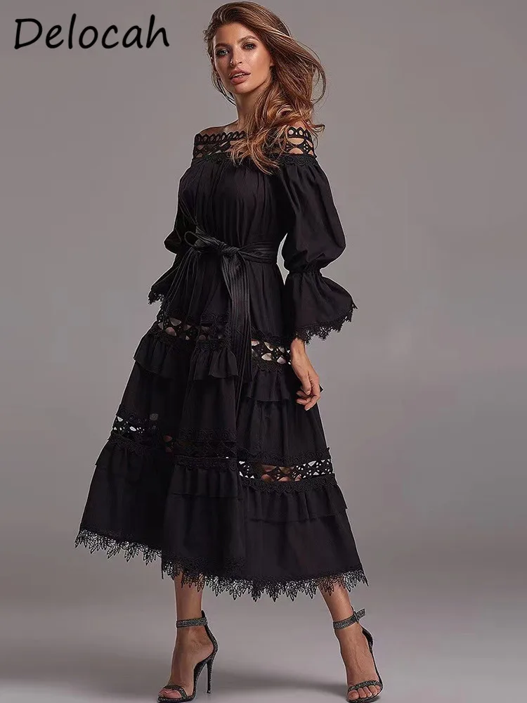 

Delocah High Quality Summer Women Fashion Designe Dress Slash neck Lace Lantern Sleeve Sashes Bow Ruffles Midi Dress