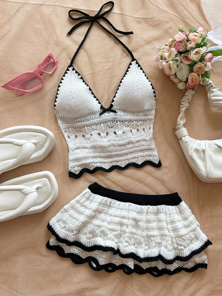 Set Rok Atasan Rajutan Seksi Wanita Atasan Pelangsing Punggung Terbuka Tanpa Lengan Leher V Dalam Rok Dua Lapis A-line Pakaian Pantai Musim Panas