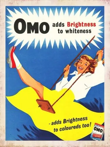 Letrero metálico con imagen de la publicidad de Omo, estilo retro vintage, para pared de cocina o puerta.