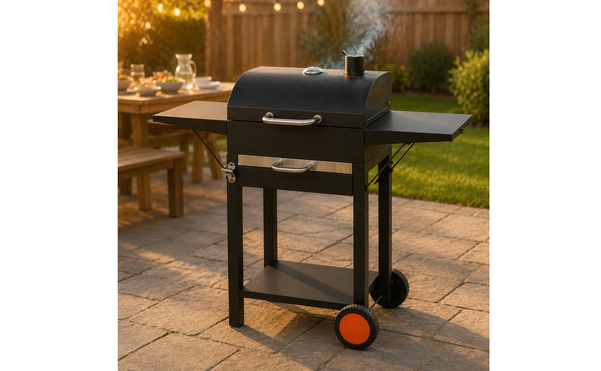 Wheeled Charcoal Barbecue Grill Domed Lid Trolley-Design Charcoal Grill Outdoor Cooking Upper Air Vent Chimney Temperature