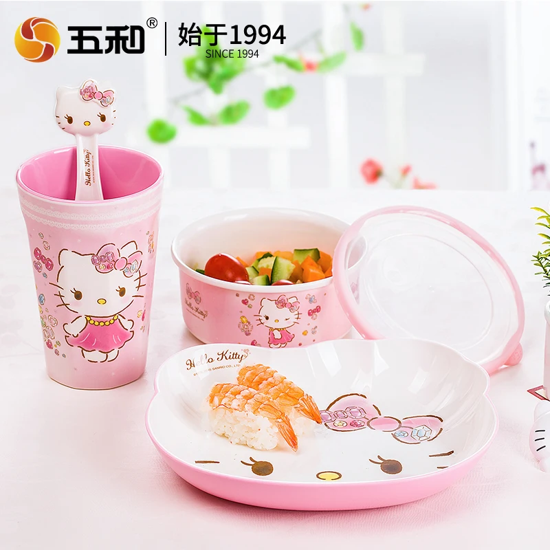Cartoon Hello Kitty Children Tableware Baby Food bowl Divided Dining Plate Anti-scalding Kids Water Cup Bowl Spoons Kawaii Gift