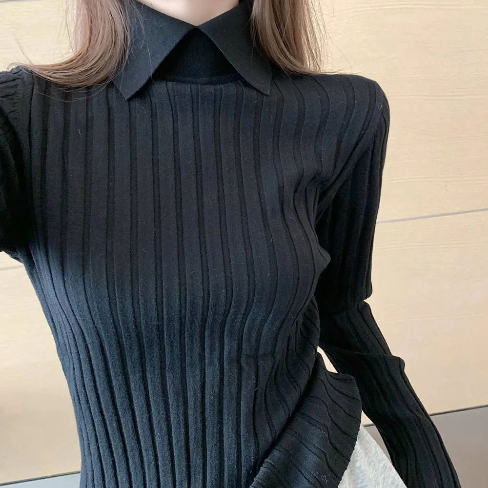 Autumn Winter Coffee Color Sweater For Women Vintage Tight-fit Polo Collar Long Sleeve Female Pullover Slim Bottoming Knitwears