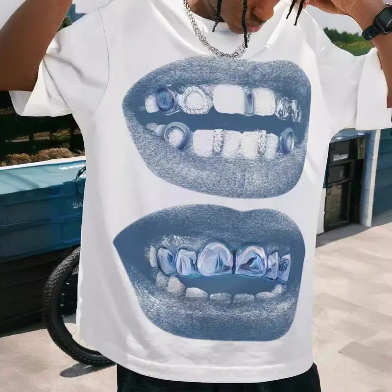 Tooth Drill Mouth Trendy Brand Short Sleeve Loose Hip Hop Street Casual Couple T-shirt Fun Creative TEE Men's Top
