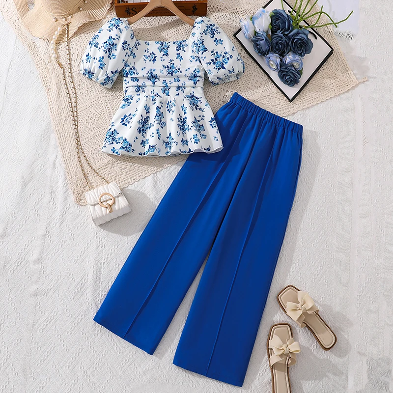 

Комплект из 2 предметов для девочек 8-12 лет, белый и синий, повседневный, с топом с квадратным вырезом и цветочным принтом, пышными рукавами и брюками с широкими штанинами на резинке, на каждый день