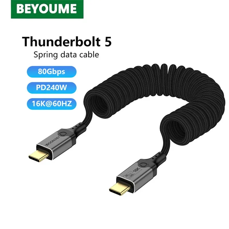 

USB5 Thunderbolt 5 Spring Type C Data Cable 80Gbps & PD 240W & 16K@60Hz Fast Charge Data Transfer Video Cord for Car iPhone 16