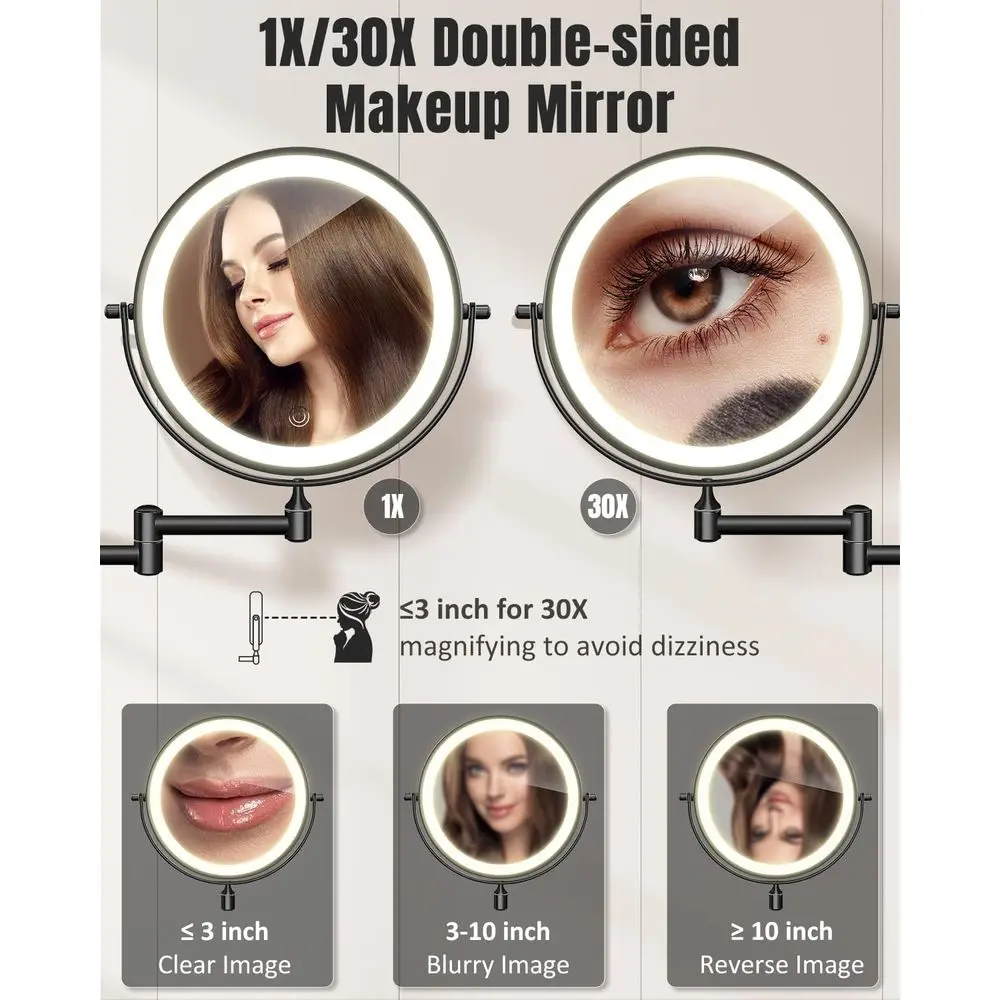8 doppelseitiger, mit LED beleuchteter Schminkspiegel mit Touch-Dimmung, 360° °   Dreharm und 3 Farbtemperaturen