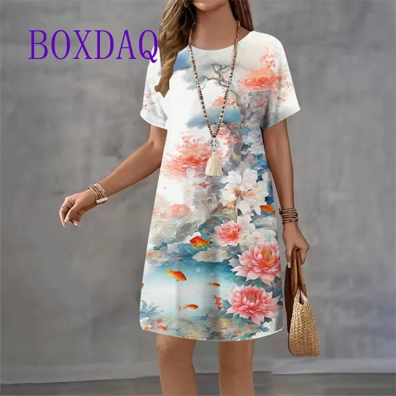 Vintage Classic 3D Ink Painting Printing Women Dress 2025 Short Sleeve Landscape patterns Dress O-Neck Loose Casual Mini Dresses
