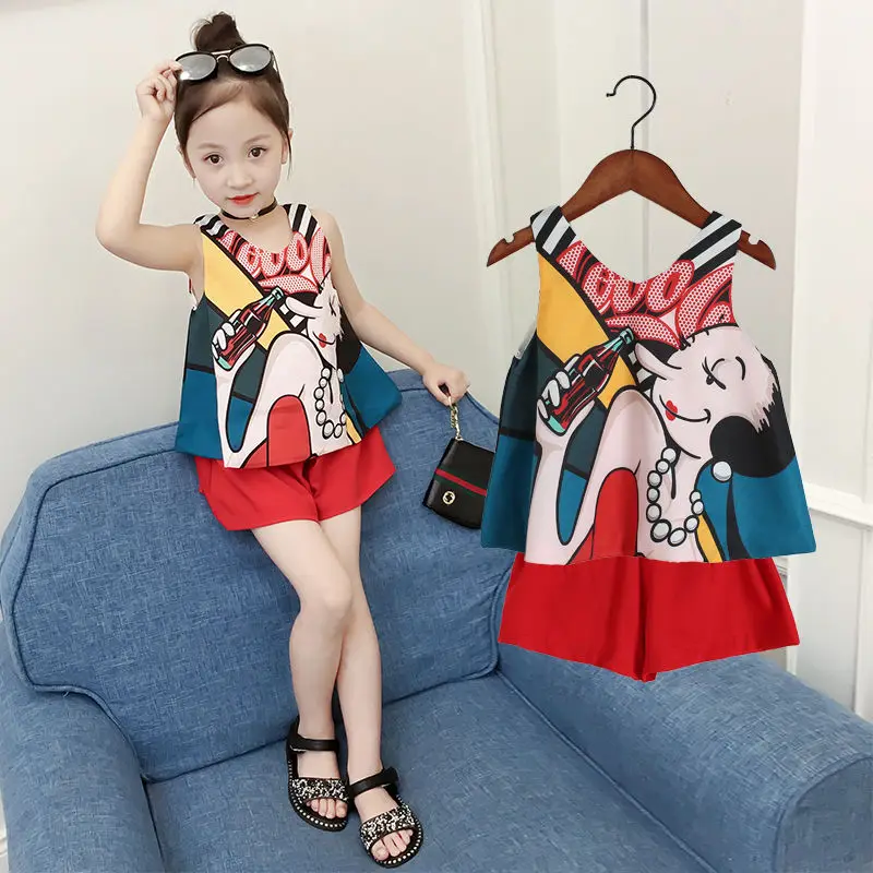 Girls Summer Sets New Vest Shorts Chiffon 2 Pieces Baby Suit Kids 7 Years Old Vest+Baggy Shorts Children\'s Clothing Kids Clothes