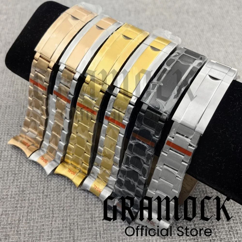 Gramock 21mm Silver Rose Gold Black 904L Solid Stainless Steel Strap Brushed Oyster Bracelet Folding Buckle Sliding Lock Fit 44m