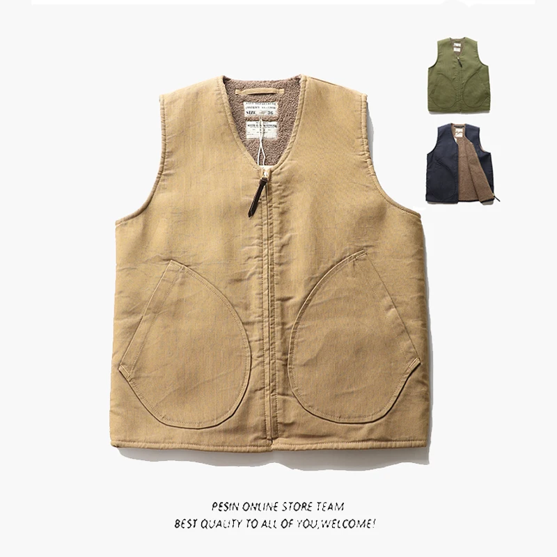 

Thiened Lamb Velvet Autumn Winter Men's Vest Jaet Faion Brand Japanese Sle Retro Navy N Boarding Coat Warmth Protection