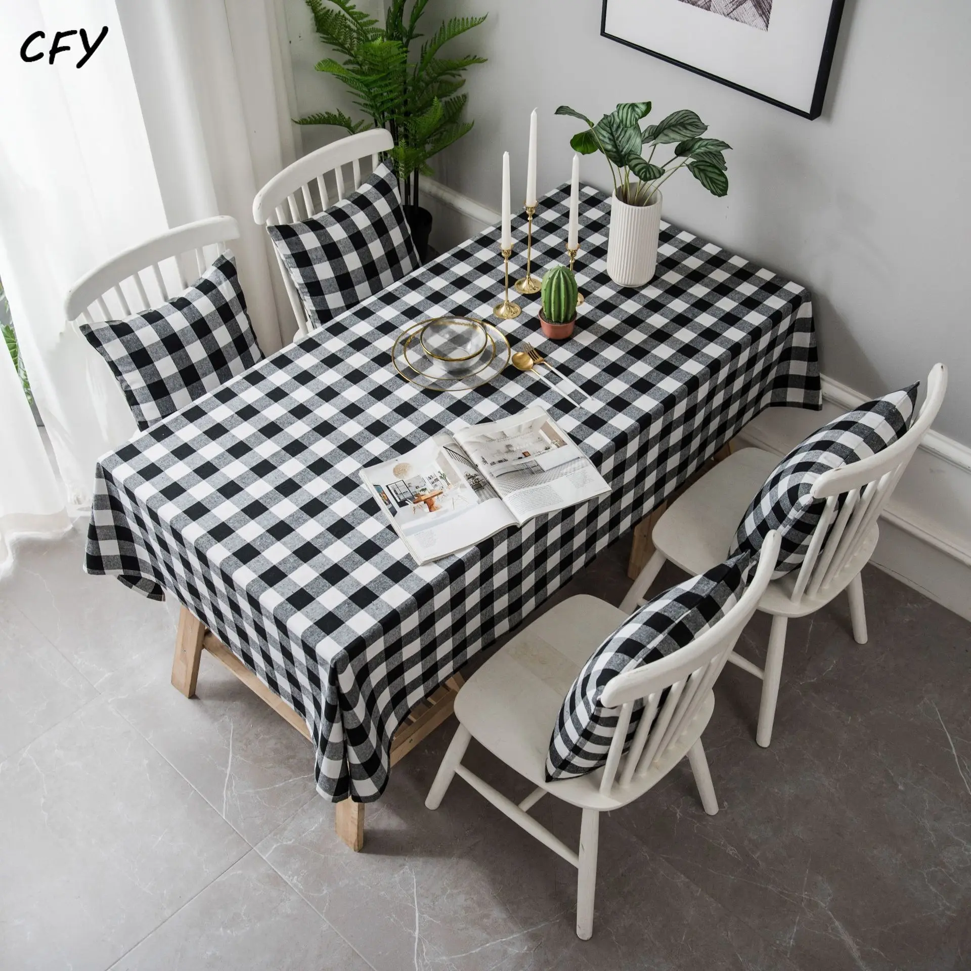 Cotton Linen American Black and White Plaid Rectangular Tablecloth Tea Table Pad Meal Cloth Photo Background Cloth