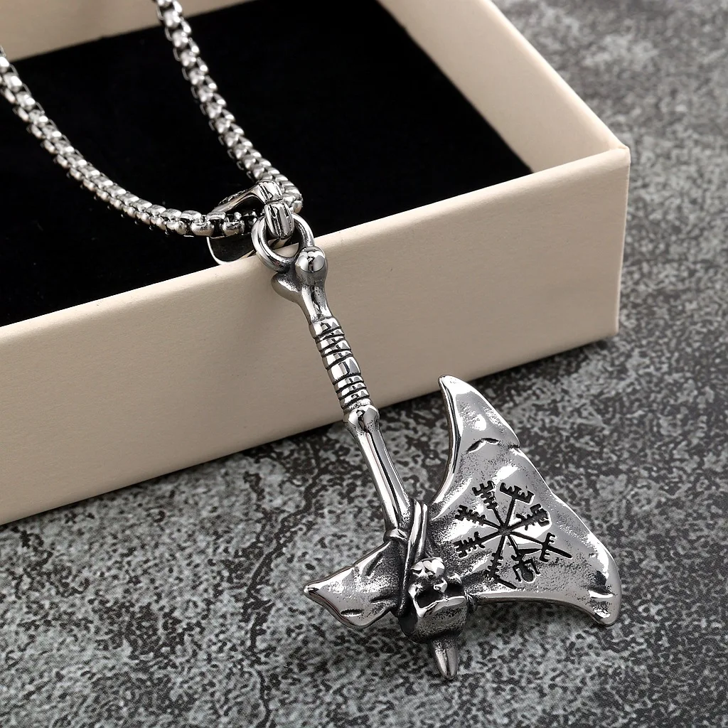 Viking Celtic Wolf Raven Axe Pendant With Skull Odin's Symbol scandinavian Rune Leather Rope Nacklace Charm Male Amulet Jewelry