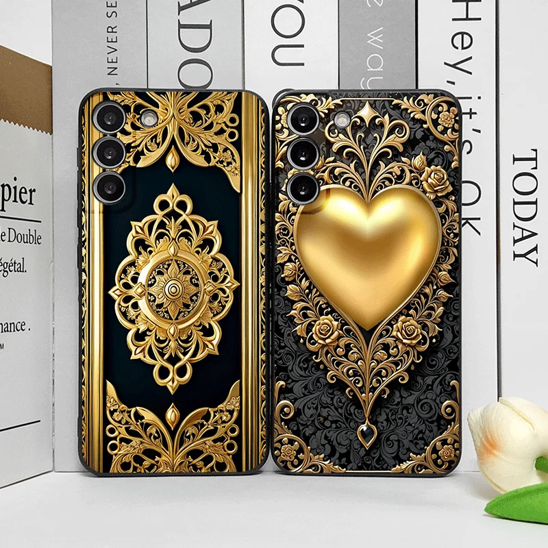 Custodia per telefono con motivo floreale in rilievo vintage dorato astratto per Samsung Galaxy S25 S24 + S23 Ultra S22 Plus S21 FE M53 Cover morbide