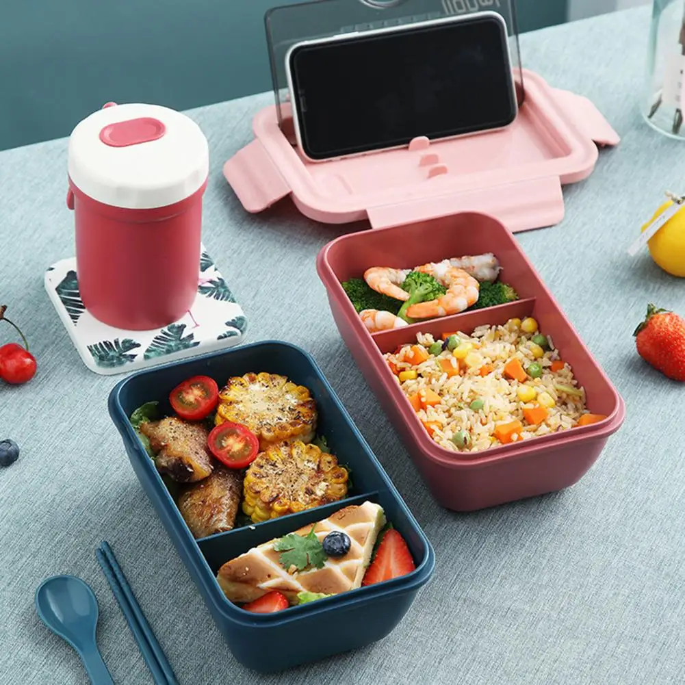 Lunch Box with Chopsticks Spoon Design Double Grids Microwave Safe Food Storage Plastic Clear Lid Bento Case for School