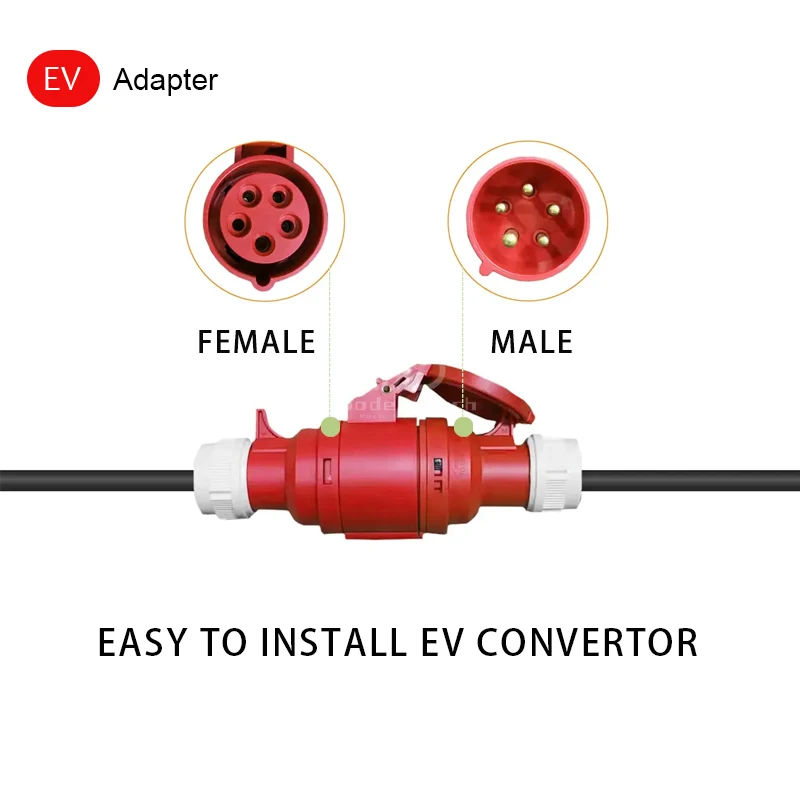 EV Charger Adapter EU Schuko Plug To Red CEE Female Plug 5 Pins Connect With 16A 3 Phase 11KW Charger Waterproof Connection