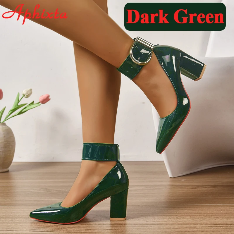 Aphixta Dark Green Pumps Women 4cm Wide Strap Belt Buckle Silver Metal Pimps Shoes 7cm Chunky Heels Super Big Size 35-53