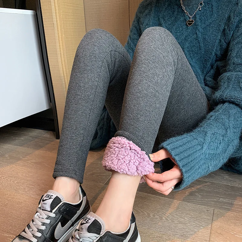 Cloud Fluffy High Waist Slim Fit Women's Base Layer Pants Elastic Large Size Warm Striped Trousers Autumn Winter New Style