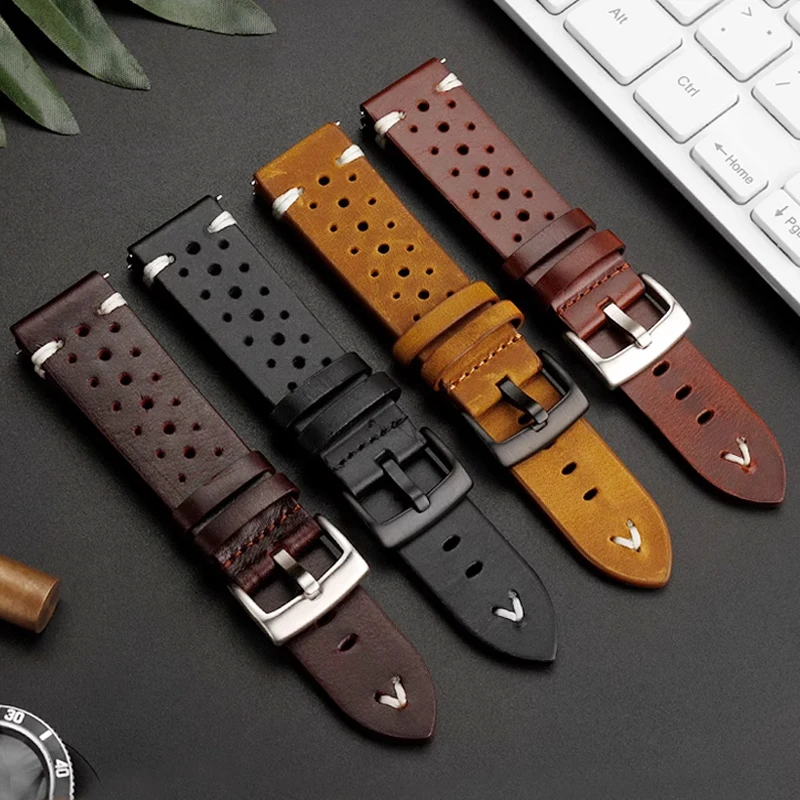 Handcrafted Cowhide Leather Strap Ventilated Design 20mm 22mm Black Brown  Bracelet Vintage Leather Watch Band Butterfly Buckle