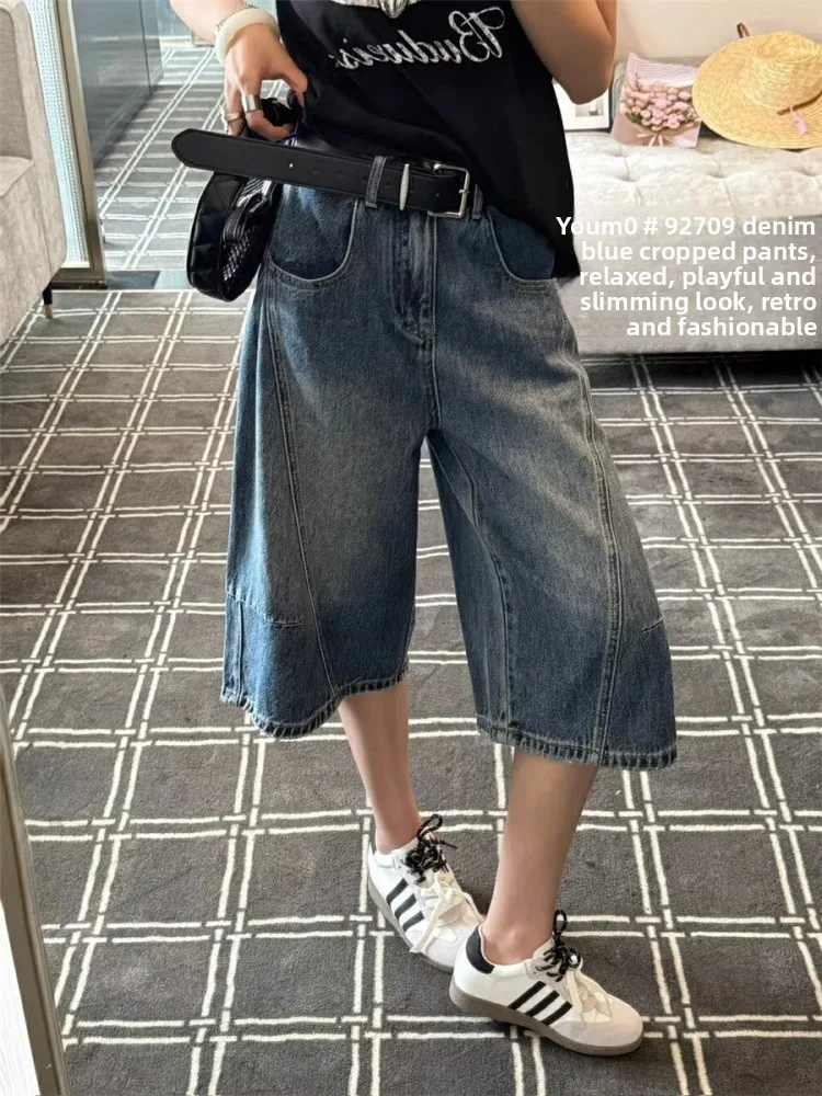 

Летние джинсовые ножи с высокой талией и широкими штанинами, женские повседневные свободные универсальные повседневные ножи с завышенной талией, модные синие джинсы orts