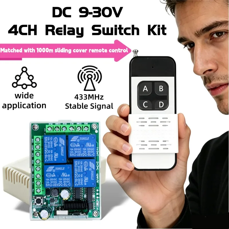 433MHz Universal Remote Control Receiver Transmitter DC12V 24V 4CH Relay Switch for Light,Door,Garage