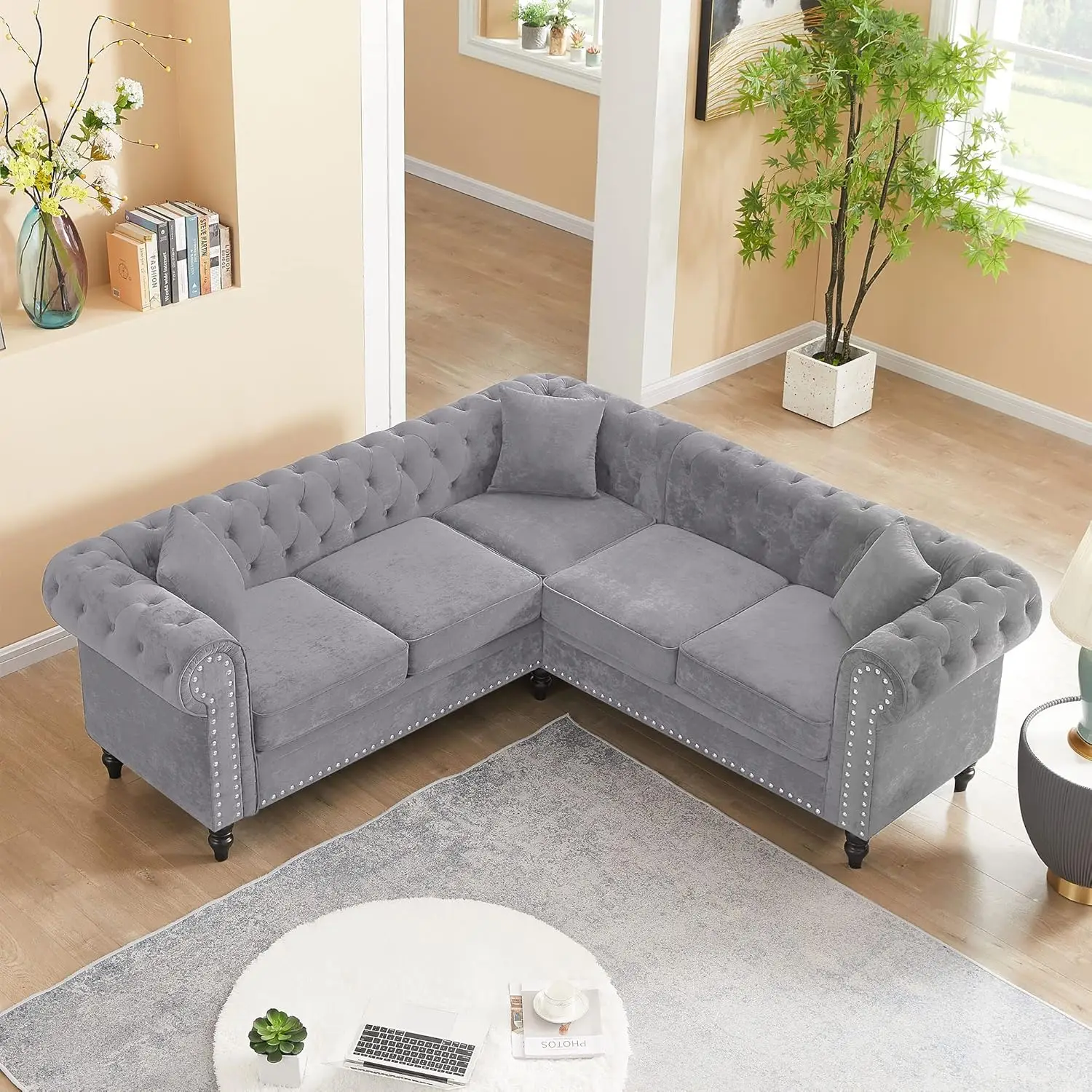 

Chesterfield L Shaped Sectional Sofa, Deep Button Tufted Velvet Sofa, Upholstered Rolled Arm Sofa, Modern 5 Seater Furniture