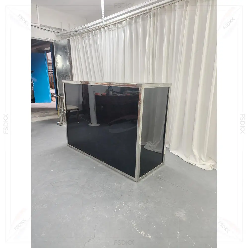 Modern Polished Stainless Steel Bar Counter with Black Mirror Panel and Tempered Glass Shelf